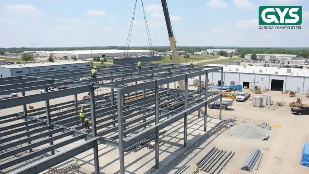 emasangan balok dan kolom structural steel oleh pekerja proyek di area konstruksi terbuka.